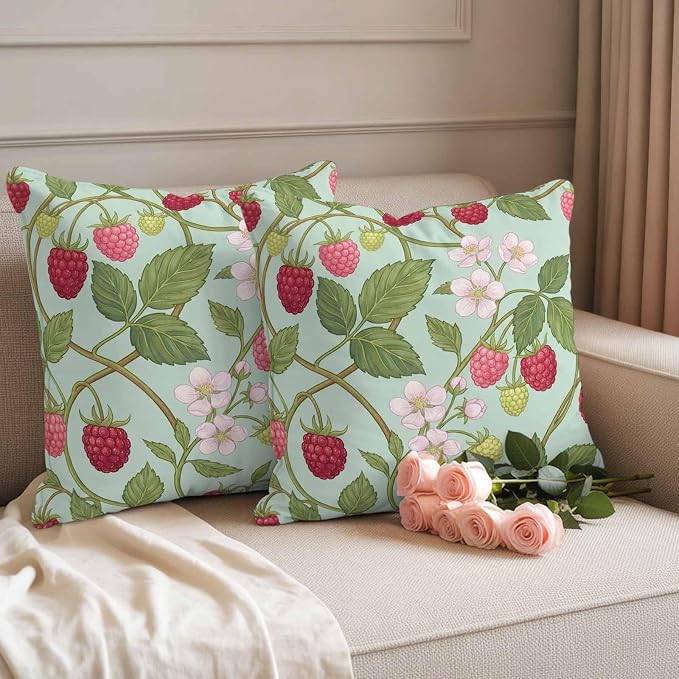 Raspberry Leaves Outdoor Pillow Covers 18"x18" Set of 2, Watercolor Red Pink Fruit Floral Mint Green Waterproof Throw Pillow Covers for Patio Furniture, Decorative Cushion Covers for Porch