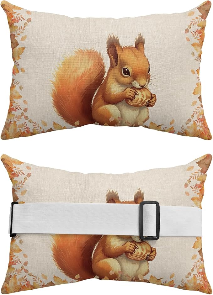 Outdoor Pillows Covers with Inserts Fall Thanksgiving Cute Squirrel with Maple Leaves Waterproof Pillow with Adjustable Strap Throw Pillows for Patio Furniture Recliner Lounge Chair, 12x20 inch, 2PCS