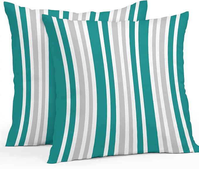 Teal Grey Stripe Outdoor Pillow Covers 20x20 Inch Throw Pillow Covers Set of 2 Waterproof Decorative Pillow Cases Farmhouse Minimalist Striped Cushion Covers for Patio Furniture Garden Couch Sofa