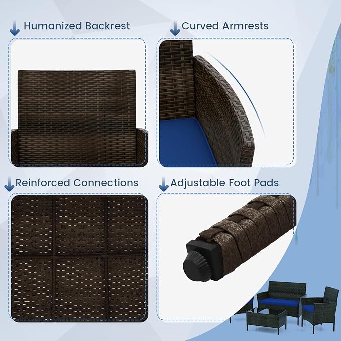 HAPPYGRILL 8 Pieces Outdoor Rattan Conversation Set, Patio Wicker Furniture Set with Loveseat Chairs & Tempered Glass Coffee Table, Outside Sectional Sofa Set for Backyard, Garden Poolside