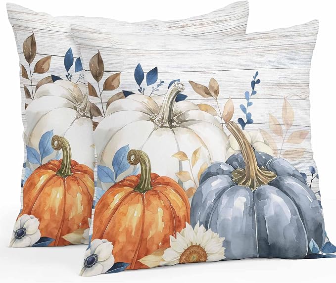 Fall Outdoor Throw Pillows Covers 26x26 inch Set of 2 Waterproof Blue White Pumpkin Zippered Cushion Covers for Patio Furniture, Autumn Eucalyptus Leaves Floral Wood Thanksgiving Lumbar Pillowcases