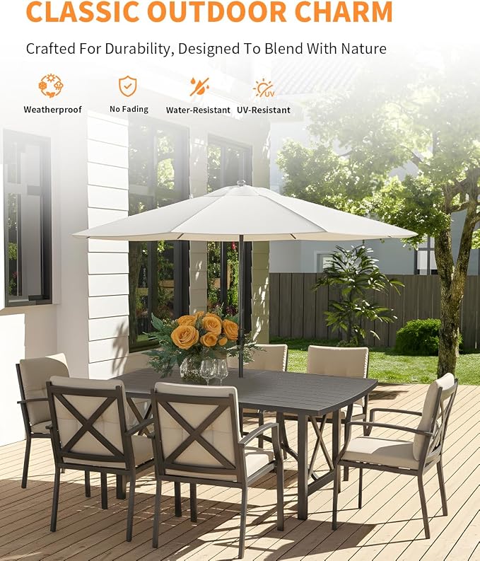 7 Pieces Outdoor Patio Dining Set, Never-Rust Aluminum Patio Table and Chairs, Outdoor Dining Set for 6 with Cushions, Patio Furniture Set for Deck, Garden, Backyard, Gunmetal
