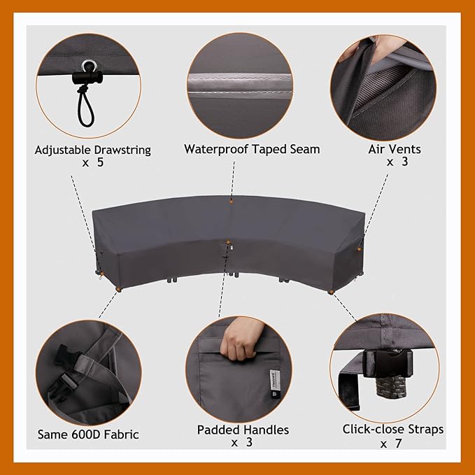 Curved Patio Furniture Cover for Outdoor Sectional Sofa, 190"(128") Reinforced Waterproof 600D Patio Couch Cover, Half Moon Lawn Outside Garden Winter Protective Cover, Storm Grey