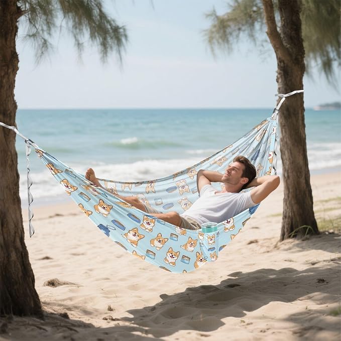 Camping Hammock Outdoor Hammocks for Outside Yellow Puppy Beach Trees Portable Lightweight with Pockets Tree Straps Indoor