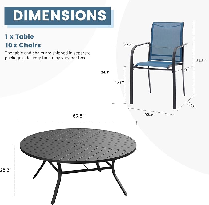 DIFY Patio Dining Set for 10, 11 Piece Outdoor Table and Chairs Set, 59.8" Black Round Metal Patio Dining Table and 10 Blue Textilene Stackable Patio Chairs, for Backyard Garden Poolside