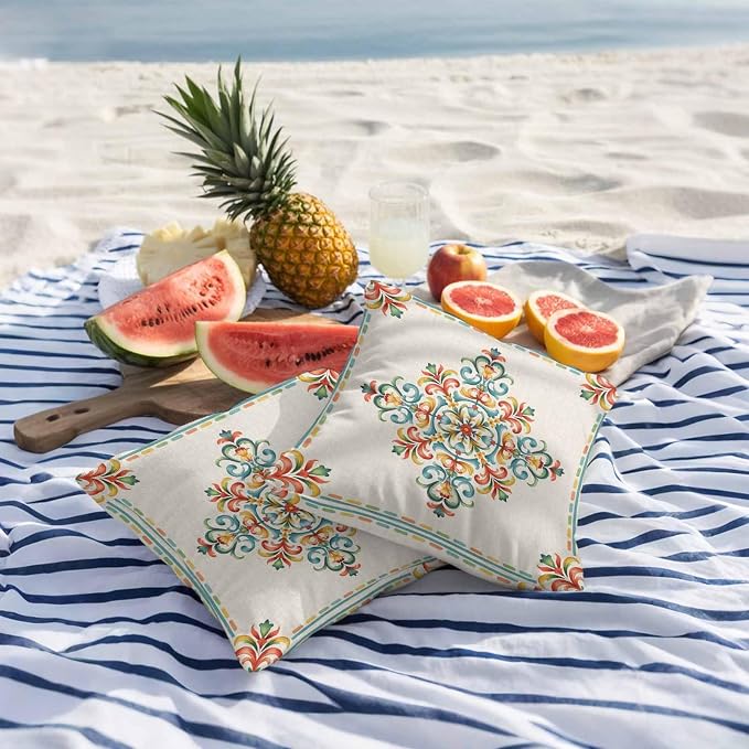 Geometric Flowers Outdoor Pillow Covers 26x26 Inch Throw Pillow Covers Set of 2 Waterproof Decorative Pillow Cases Modern Abstract Colorful Floral on Linen Cushion Covers for Patio Furniture Garden