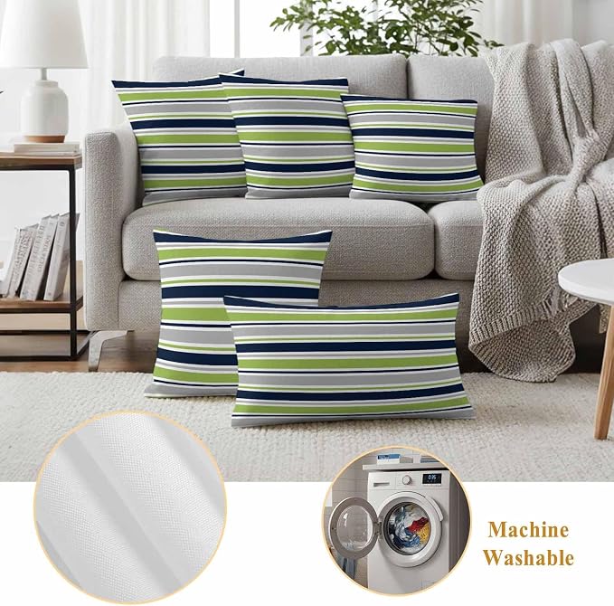 Outdoor Pillow Covers 24 x 24 Inches, Green Gray Striped Waterproof Throw Pillow Cover Set of 2, Farmhouse Stripes Modern Abstract Art Decorative Square Cushion Covers for Patio/Couch/Garden