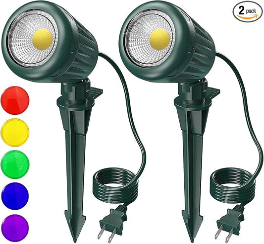Outdoor Spot Lights for Yard,120V Plug-in Halloween Spot Lights,6000K Landscape Lighting with 5 Color Lenses (Red, Yellow, Green, Blue, Purple)IP65 Waterproof,Garden, Lawn Tree Decoration,2 Pack