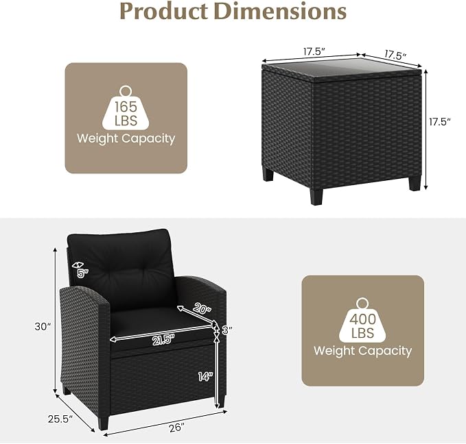 HAPPYGRILL 3 Pieces Wicker Patio Conversation Set, PE Rattan Bistro Sofa Set with Tempered Glass Coffee Table, Washable Cushions, Outdoor Furniture Set for Garden Poolside Balcony (Black)