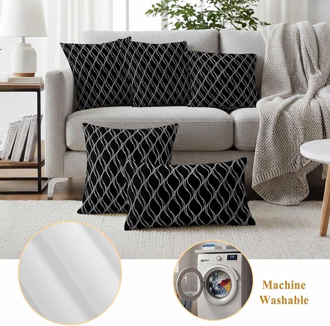 Outdoor Pillow Covers Waterproof, Black Gold Wave Abstract Art Foil Print Pattern All Weather Cushion Case Set of 2, White Thin Line Decorative Pillowcases for Sofa Bed Decor Patio Furniture 20"x20"