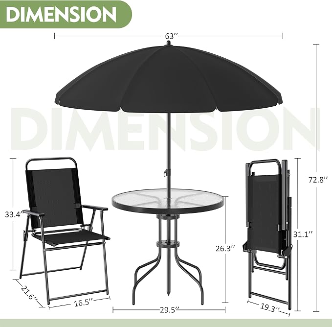 Shintenchi 6 Piece Outdoor Patio Furniture Set, Small Outdoor Patio Dining Table and Chairs Set, Outdoor Seating with Umbrella for Backyard, Balcony, Front Porch, Onyx