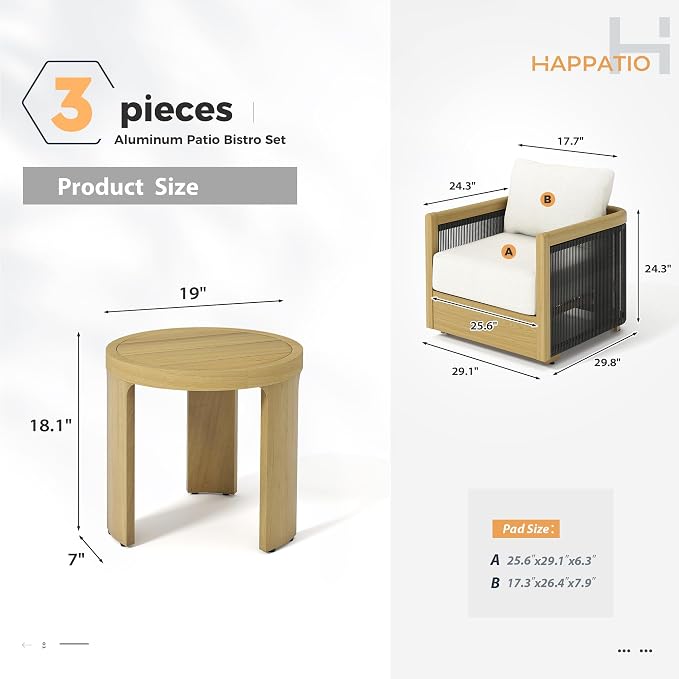 HAPPATIO Aluminum Patio Furniture Set, 3 Pieces Wood-Like Oversized Outdoor Conversation Set with Thick Cushion, Curved Tub Design with Woven Rope Accents for Garden, Backyard, Poolside