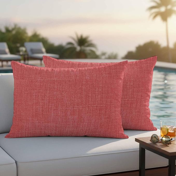 Outdoor Waterproof Throw Pillow Covers Set of 2 Coral Red Linen Lumbar Pillowcases 20x12 Inches Farmhouse Pure Color Decorative Pillows Cushion Case Patio Pillows for Couch Bed Chair Garden