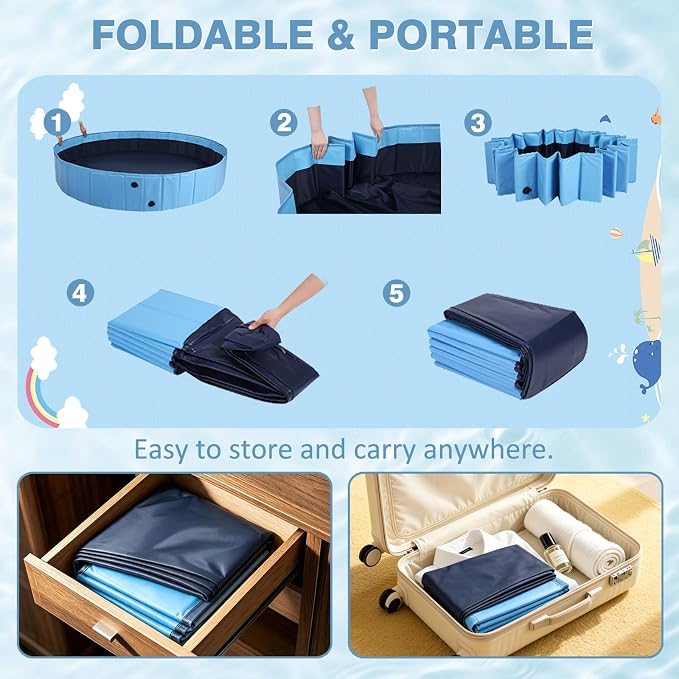 Eooqi Foldable Dog Pool with Sprinkler, 71 Inch Extra Large Thickened Splash Pool, 2-in-1 Outdoor Summer Water Play Toy, Non-Slip Hard-Side Kiddie Pool for Backyard Dogs, Kids & Pets (Blue, 71''-3XL)