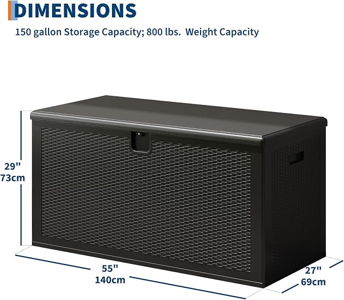 IDEALHOUSE 150 Gallon Resin Deck Box, Waterproof Outdoor Storage Box with Lockable Lid & UV Resistant, Patio Furniture Cushion Storage Container for Garden, Backyard, Poolside (Black)