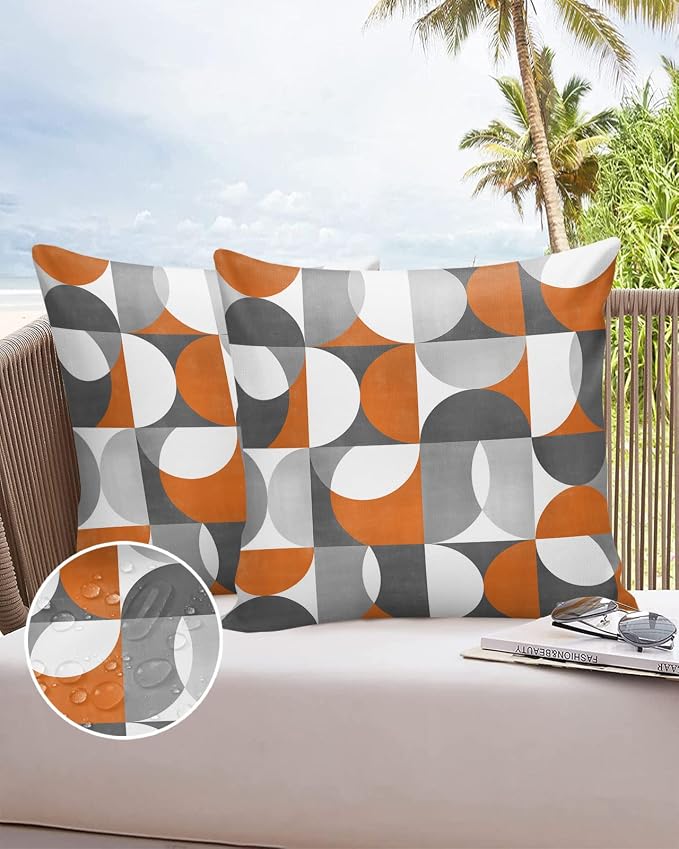 Vandarllin Outdoor Throw Pillows Covers 18x18 inch Set of 2 Waterproof Mid Century Geometric Decorative Zippered Cushion Covers for Patio Furniture, Abstract Modern Orange Lumbar Pillowcases