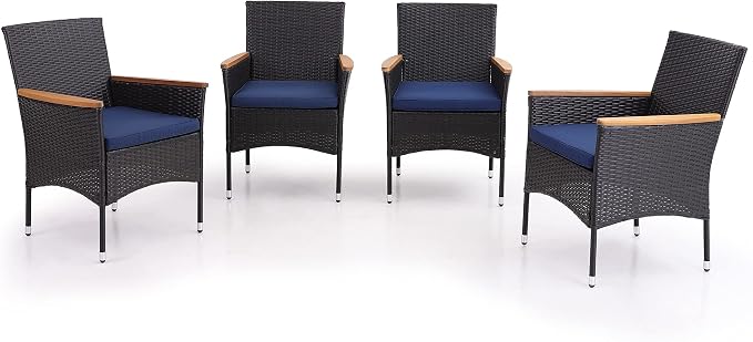 PHI VILLA High Back Wicker Patio Dining Chairs Set of 4, Wood Armrest | 4 Rattan dining chairs with thick removable seat cushions. Sturdy steel frame, easy assembly.