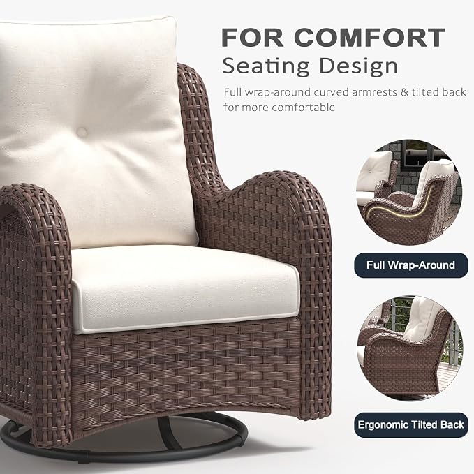 LayinSun 10 Pieces Outdoor Patio Furniture Set with Fire Pit Table, Rattan Wicker Sectional Swivel Rocker Chairs Sets with Ottomans, Swivel Glider Chairs and Coffee Table