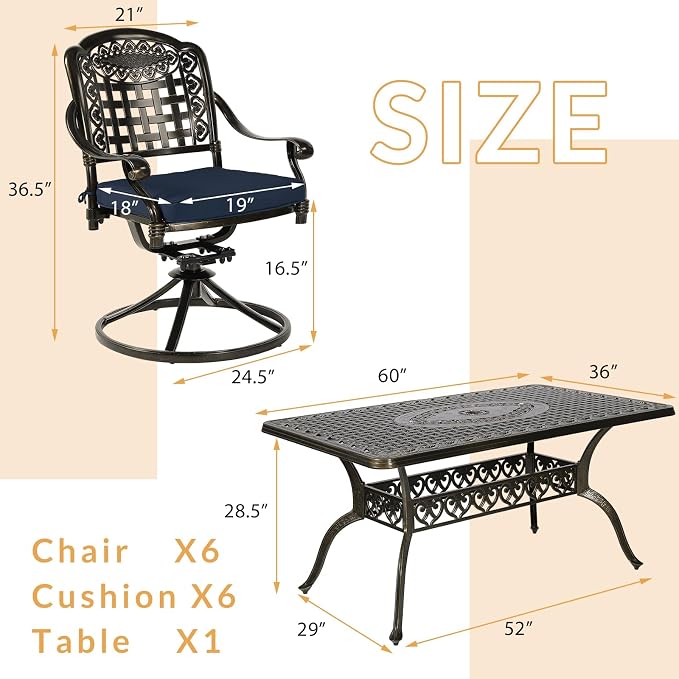 7-Piece Outdoor Patio Dining Set, 60” Rectangular Cast Aluminum Dining Table with Umbrella Hole and 6 Cushioned Swivel Rocker Chairs, Patio Funiture Set for Backyard, Patio, Garden, Navy