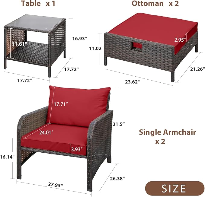 LEVELEVE Balcony Furniture 5 Piece Patio Conversation Set, PE Wicker Rattan Outdoor Lounge Chairs with Soft Cushions 2 Ottoman&Glass Table for Porch, Lawn-Brown Wicker（Wine Red