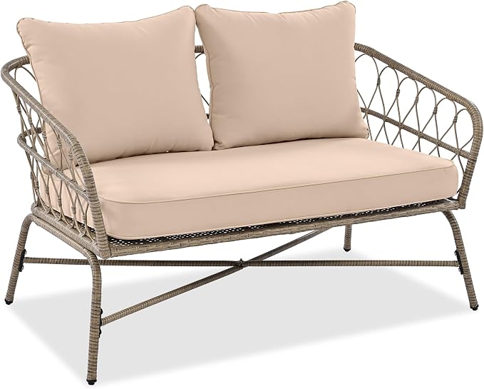 VilroCaz Bohemia-Inspired 4-Person Outdoor Seating Group with Loveseat, 2 Chairs and Table, All Weather Conversation Patio Set with Wood Tabletop and Washable Cushions for Backyard Poolside Garden