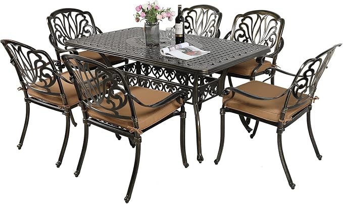 MEETWARM 7-Piece Outdoor Patio Dining Set, 6 Outdoor Dining Cushioned Chairs and 1 Rectangle Table with 2" Umbrella Hole, All Weather Cast Aluminum Patio Funiture Set for Backyard