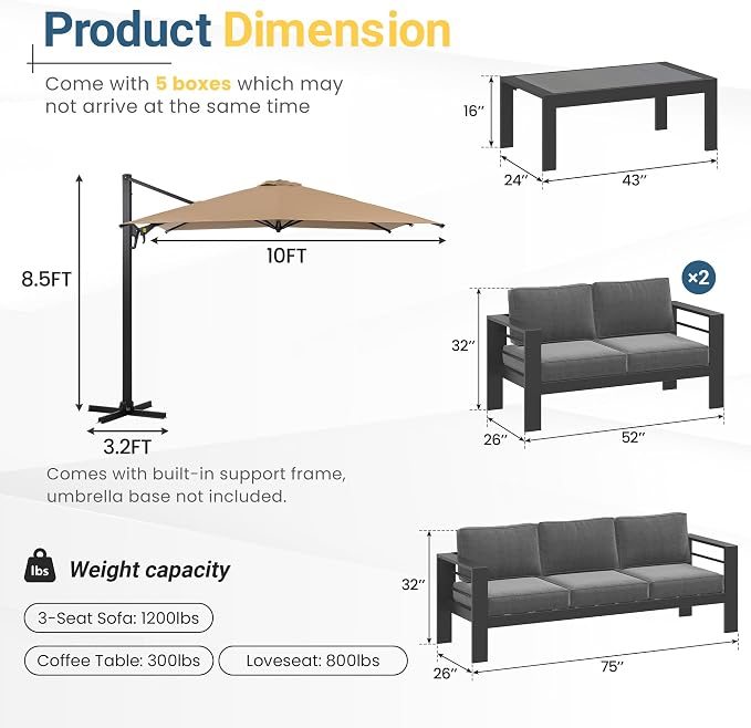 Wisteria Lane 5 Pieces Aluminum Patio Furniture Set with Umbrella, All Weather Oversized Outdoor Furniture Set with Deep Seat and Back Cushion, Patio Conversation Sets with Wide armrest, Gray & Gray