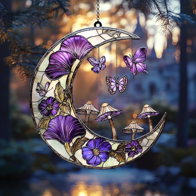 Crescent Moon Acrylic Suncatcher with Purple Flowers, Boho Suncatchers for Window Hanging Ornament, Art Garden Decor for Moon Lover, Gifts for Mother's Day, Mom, Grandma, Wife, Women, Nana
