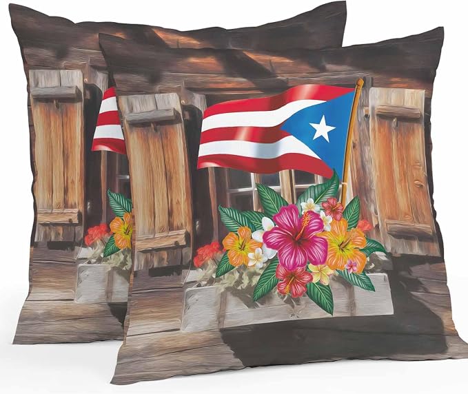 Puerto Rico Flag Outdoor Pillow Covers 20x20 Inch Throw Pillow Covers Set of 2 Waterproof Decorative Pillow Cases Farmhouse Retro Flowers American Flags Cushion Covers for Patio Furniture Garden Couch