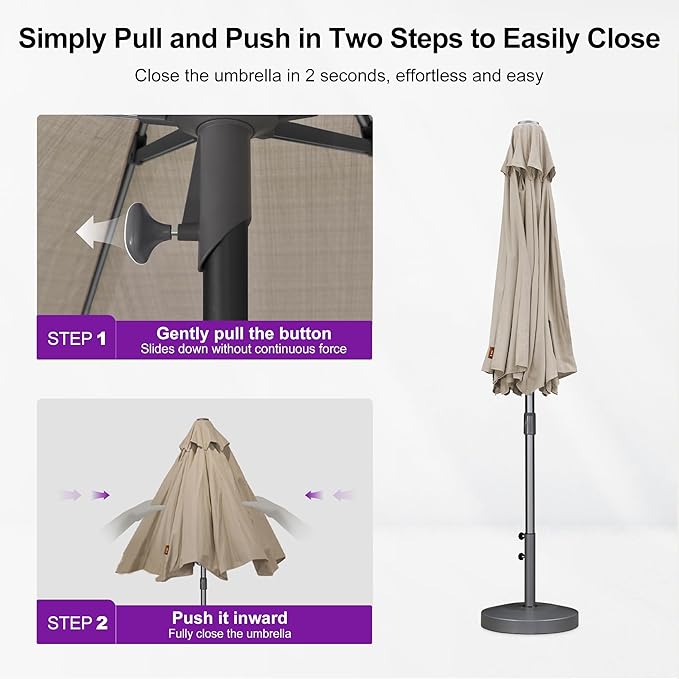 PURPLE LEAF 11.5 FT Semi-Auto Outdoor Patio Umbrella Market Table Sun Umbrellas with 8 Aluminum Sturdy Ribs for Backyard Deck Garden Pool (Gray Pole Beige Canopy)