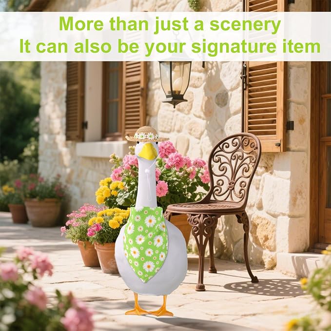 Lyreh Summer Porch Goose Outfits, Hawaiian Daisy Pastoral Style Goose Clothes Set Straw Hat & Bandana Scarf Costume for 23/17" Lawn Statue for Outdoor Garden Yard Patio Decor Accessories