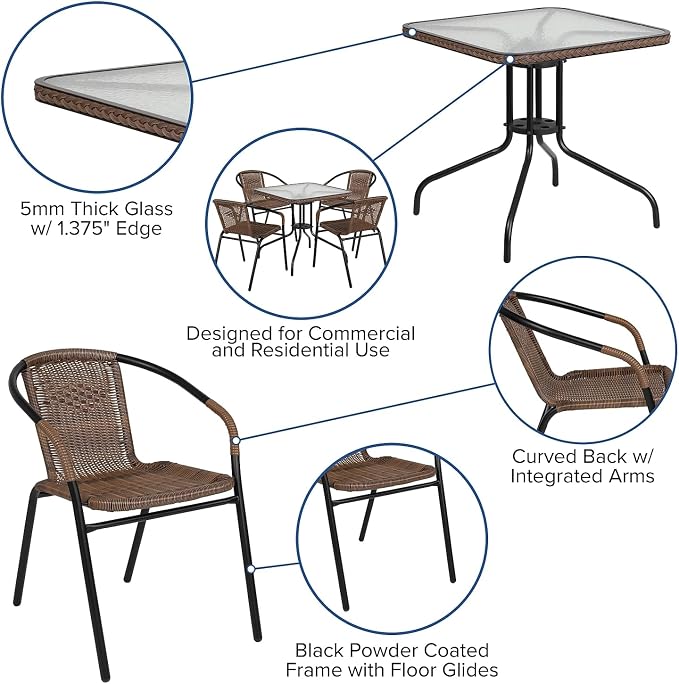 Flash Furniture Lila 28'' Square Glass Metal Table with Dark Brown Rattan Edging and 4 Dark Brown Rattan Stack Chairs