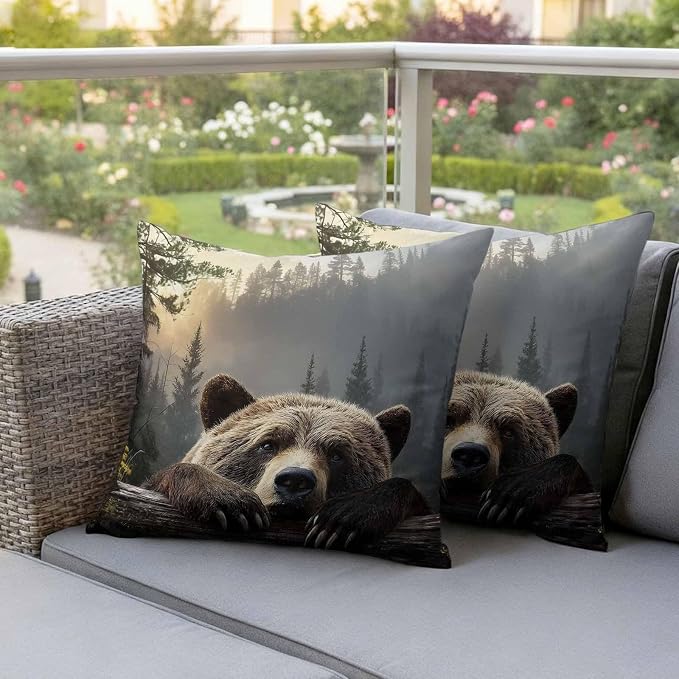 Bear Outdoor Pillow Covers 20"x20" Set of 2, Animal Wood Fence Forest Farmhouse Waterproof Throw Pillow Covers for Patio Furniture, Decorative Cushion Covers for Porch