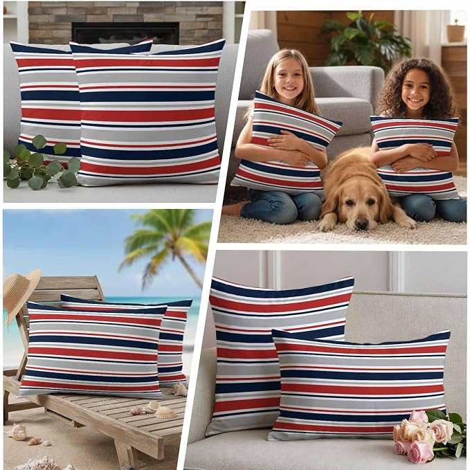 Red Navy Blue Striped Outdoor Pillow Cover 26x26 Inch Cushion Sham Case, Farmhouse Stripes Modern Abstract Art Waterproof Decorative Square Throw Pillowcase for Outside Garden Patio Porch Couch Chair