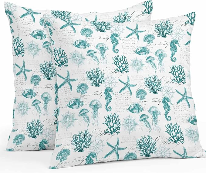 Turquoise Coastal Waterproof Outdoor Pillow Covers Set of 2 Home Decor, Nautical Starfish Jellyfish Rudder Pillowcase Patio Pillow Covers for Couch Bench Furniture Garden 24x24in