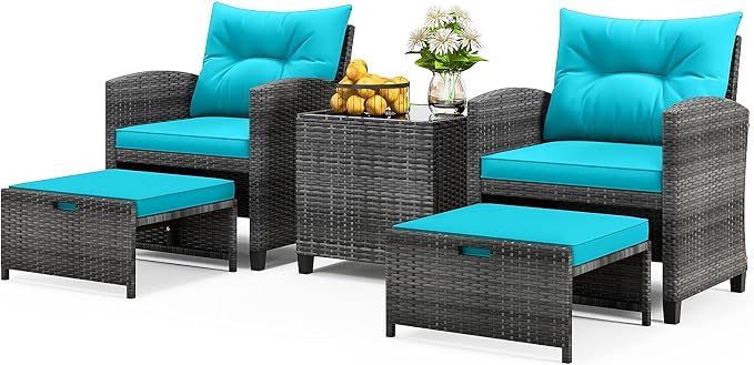 ORALNER 5 Pieces Patio Furniture Set with Ottoman, Wicker Conversation Set w/Cushions, Glass Coffee Table, Outdoor Lounger Rattan Chairs Bistro Set for Porch Balcony Garden Deck Poolside (Turquoise)