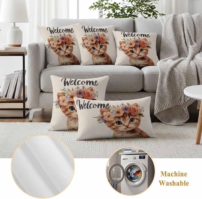Cute Cat Outdoor Waterproof Throw Pillow Covers Set of 2, 26"x26", Garland Welcome Retro Decorative Pillow Covers Outside Cushion Case for Patio Porch Garden