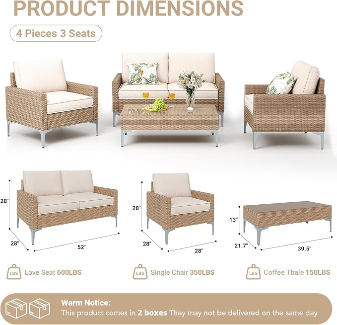 Jing's Villa 4-Piece Outdoor Sectional Sofa Set, All-Weather Wicker Patio Furniture with L/R armrest & Tempered Glass Table, Comfortable Garden Conversation Set for Backyard, Poolside, Deck,Beige