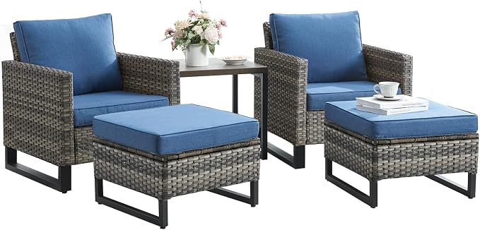 Rilyson Luxury Wicker Outdoor Patio Furniture Set of 5-5 Piece Patio Conversation Set with Ottoman*2, Wicker Chairs*2, Metal Side Table*1 for Outside Porch Deck Backyard Garden(Mixed Grey/Blue)