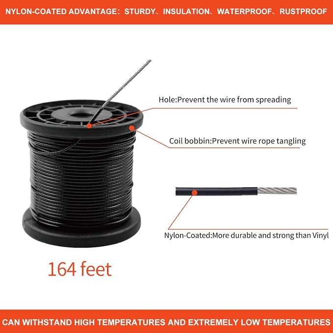 Outdoor String Light Hanging Kit Includ 164 FT Nylon Rope Cable | 304 Stainless Steel Turnbuckle & Hooks,Globe Light Suspension Kits,Patio Lights Guide Wire,Enough Accessories,Use Manual