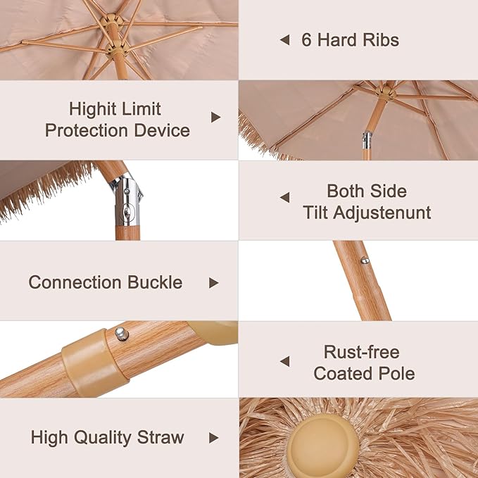 GDY 7.5ft Tiki Patio Umbrella, Outdoor Table Umbrella with Crank, Market Umbrellas for Garden, Beach, Deck, Backyard & Pool