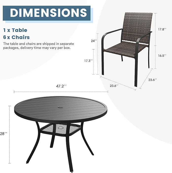 DIFY 7 Piece Outdoor Dining Set, Patio Table and Chairs Set for 6 with Umbrella Hole, 47.2" Black Round Dining Table & Stackable Wicker Patio Chairs, Metal Patio Furniture Set for Garden Backyard