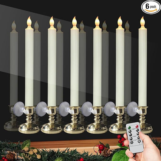 DRomance Flameless Window Candles with Remote and Timer, Battery Operated LED Taper Candles with Suction Cups Set of 6 Christmas Window Candle Holiday Decor(Gold Holders)