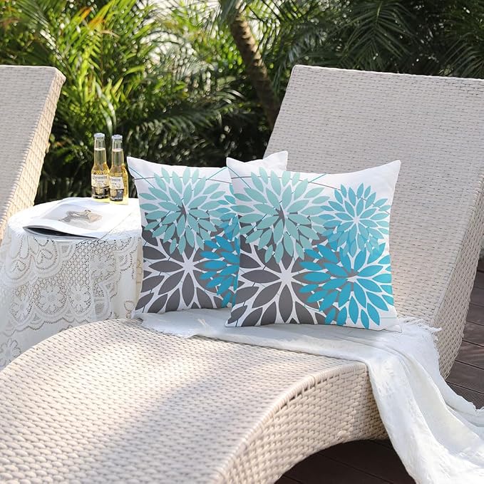 DFXSZ Pack of 2 Outdoor Waterproof Throw Pillow Covers 16x16 LightBlue Grey | Polyester Colorful Spring Summer Floral Decorative Cushion Cases(NO INSERT),For Couch Patio Funiture Garden Home Decor