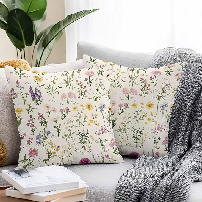 Throw Pillow Covers 24x24 Inch Set of 2, Botanical Garden Florals Waterproof Outdoor Pillow Covers, Spring Watercolor Wildflowers Decorative Cushion Pillowcases for Couch, Sofa, Bed, Garden, Patio