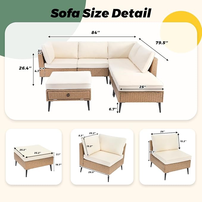 LVUYOYO 6 Pieces Outdoor Patio Furniture Set, Wicker Sectional Sofa Set for All-Weather, Rattan Conversation Sets with Cushions and Storage for Deck, Backyard, Porch (Khaki)