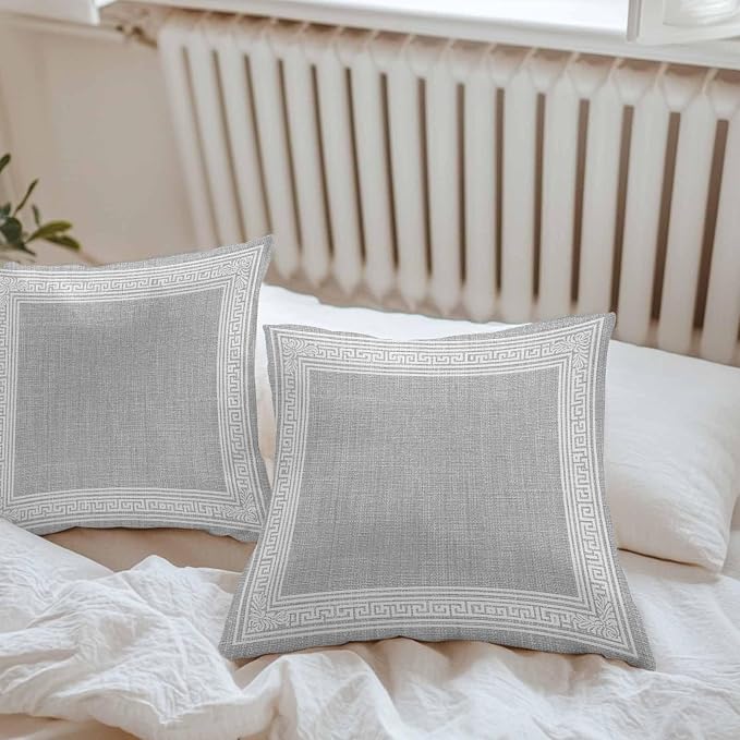 Grey Retro Greek Key Waterproof Outdoor Pillow Covers Set of 2 Home Decor, Geometric Greece Ancient Rustic Pillowcase Patio Pillow Covers for Couch Bench Furniture Garden 18x18in