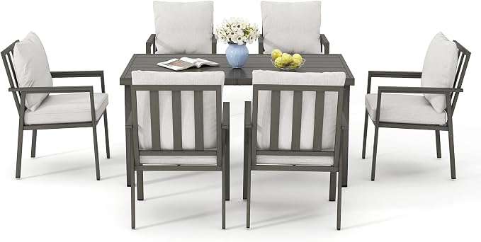 HAPPATIO Patio Dining Set for 6, 7-Piece Outdoor Aluminum Dining Furniture Set, 6 Cushioned Dining Chairs and Table for Deck Yard Poolside, Rust-Proof, Weather-Resistant, Easy Assembly