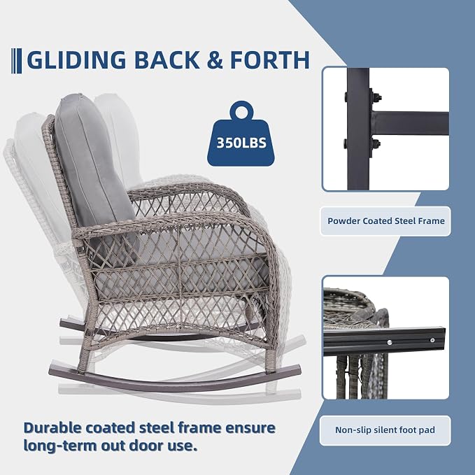 5-Piece Wicker Patio Furniture Sets Outdoor All-Weather Rattan Conversation Set Includes Glider Loveseat, 2 Glass-Top Coffee Tables, 2 Rocking Chairs for Porch Backyard, Gray