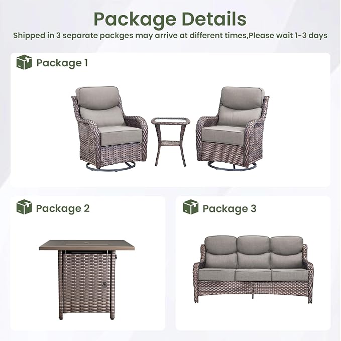 Luxury Patio Furniture Set with 6-inch Thick Cushion, Outdoor Furniture with Fire Pit Table, Swivel Chairs, Side Table, Sofa, 5pcs Wicker Conversation Set for Deck Yard (Brown Wicker | Grey Cushion)